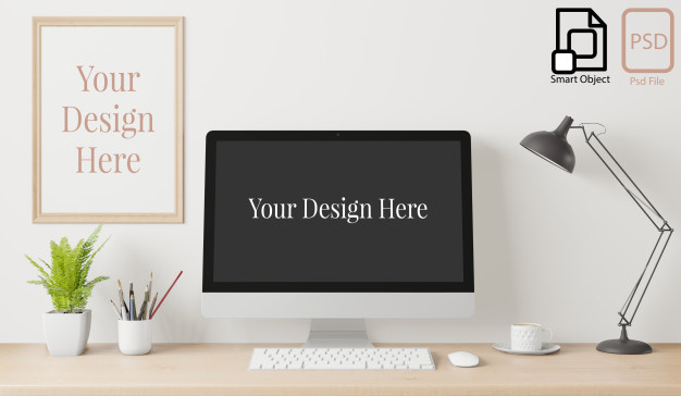 Frame and computer screen mockup on working desk interior ~ EpicPxls
