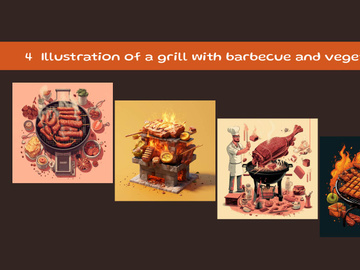 Illustration of a grill with barbecue and vegetables
