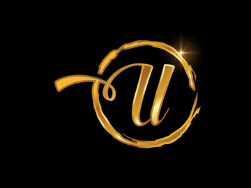 Golden color English hand-drawn alphabet in a brush circle on black background