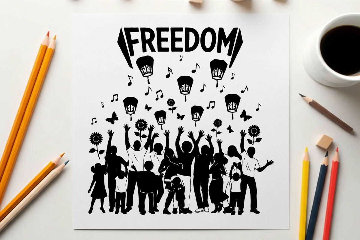 Silhouette orang-orang gembira merayakan kebebasan dengan lentera dan musik
