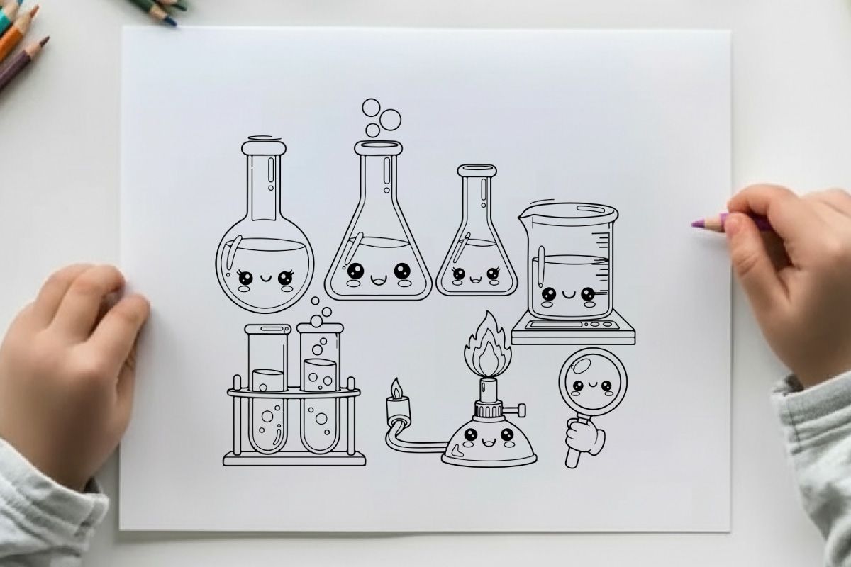 Cute lab equipment characters vector illustration flat design