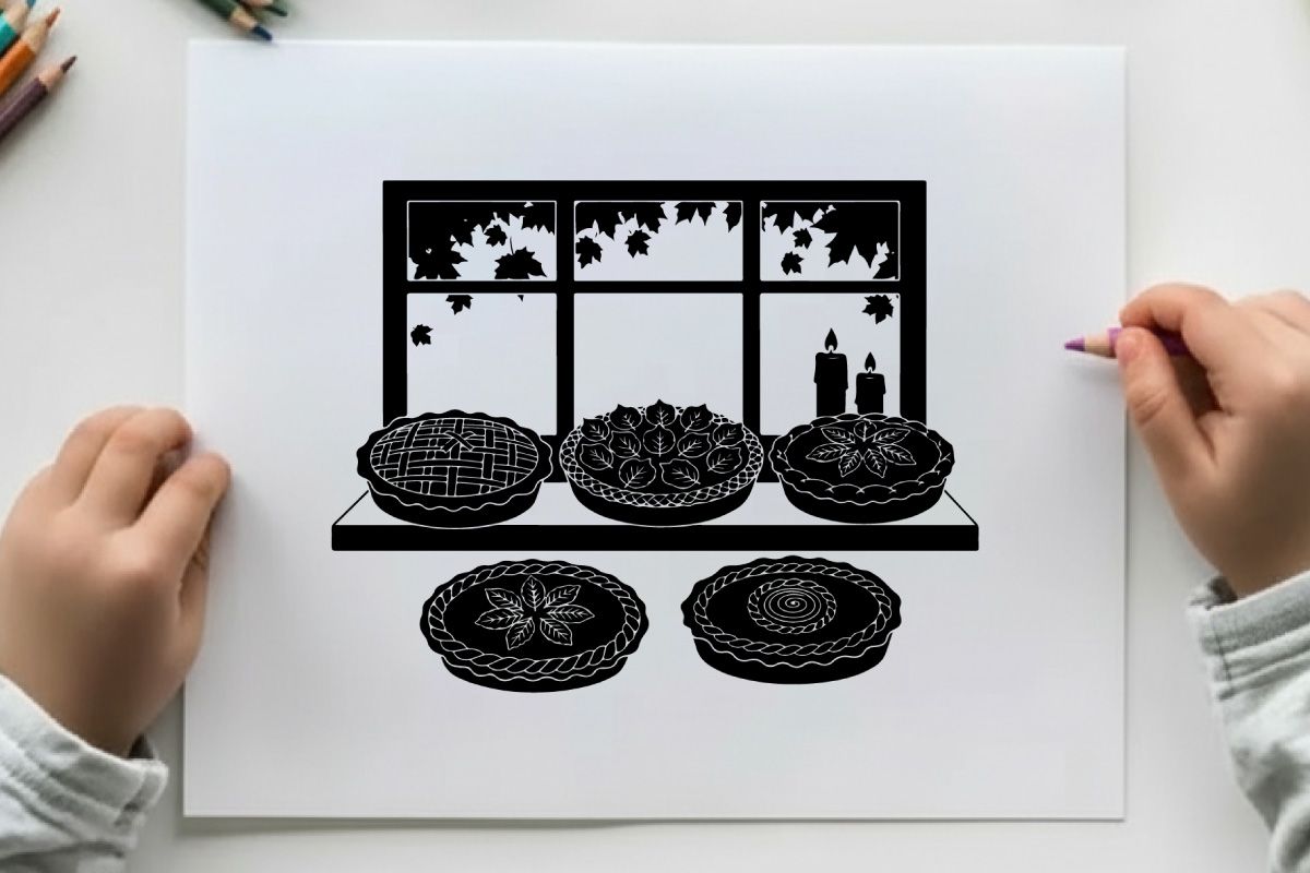 Silhouette de platos decorativos en un estante con una ventana