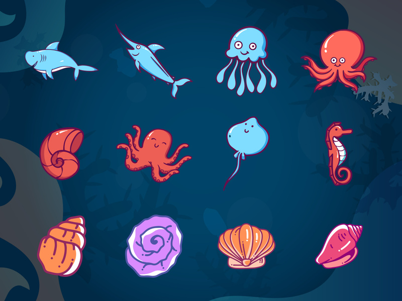 Underwater fish and animals vector illustration cartoon.