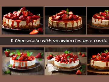 Cheesecake with strawberries on a rustic plate