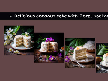 Delicious coconut cake with floral background
