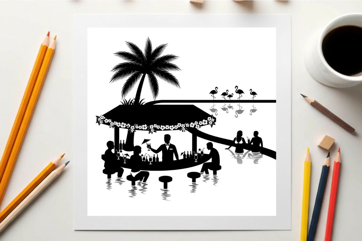 Silhouette of people on a boat under a palm tree