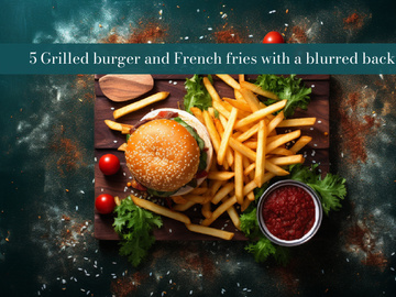 Grilled burger and french fries with a blurred background