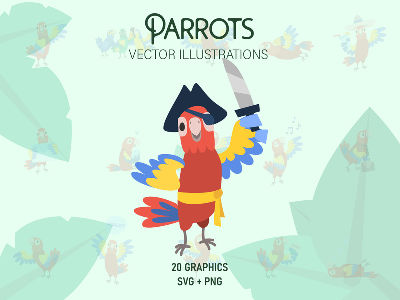 Funny cartoon parrots vector illustrations set.