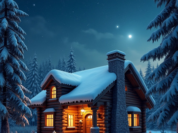 A cozy log cabin nestles in a snowy forest under a starry night.