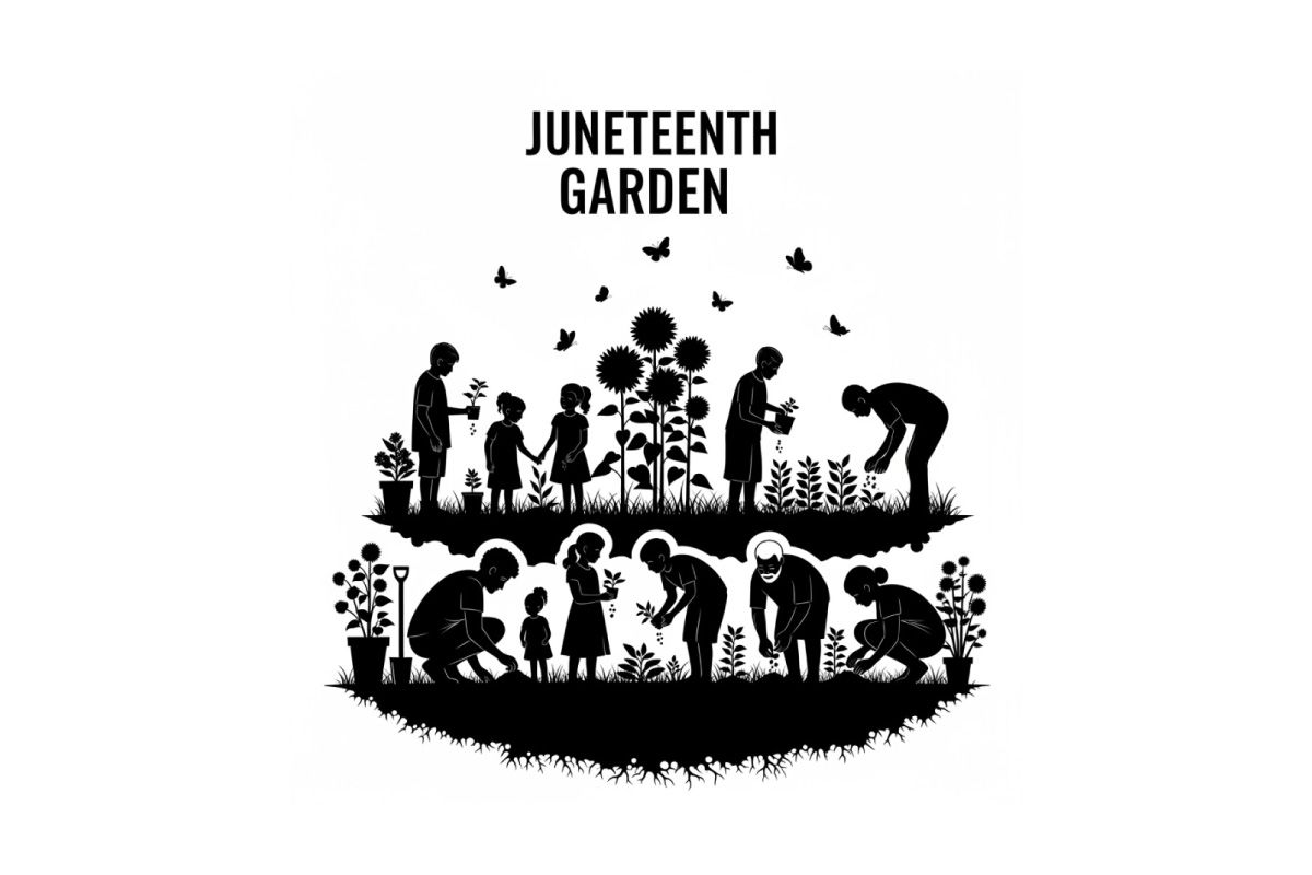 Juneteenth garden silhouette celebrating freedom and unity