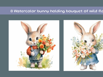 Watercolor bunny holding bouquet of wild flowers