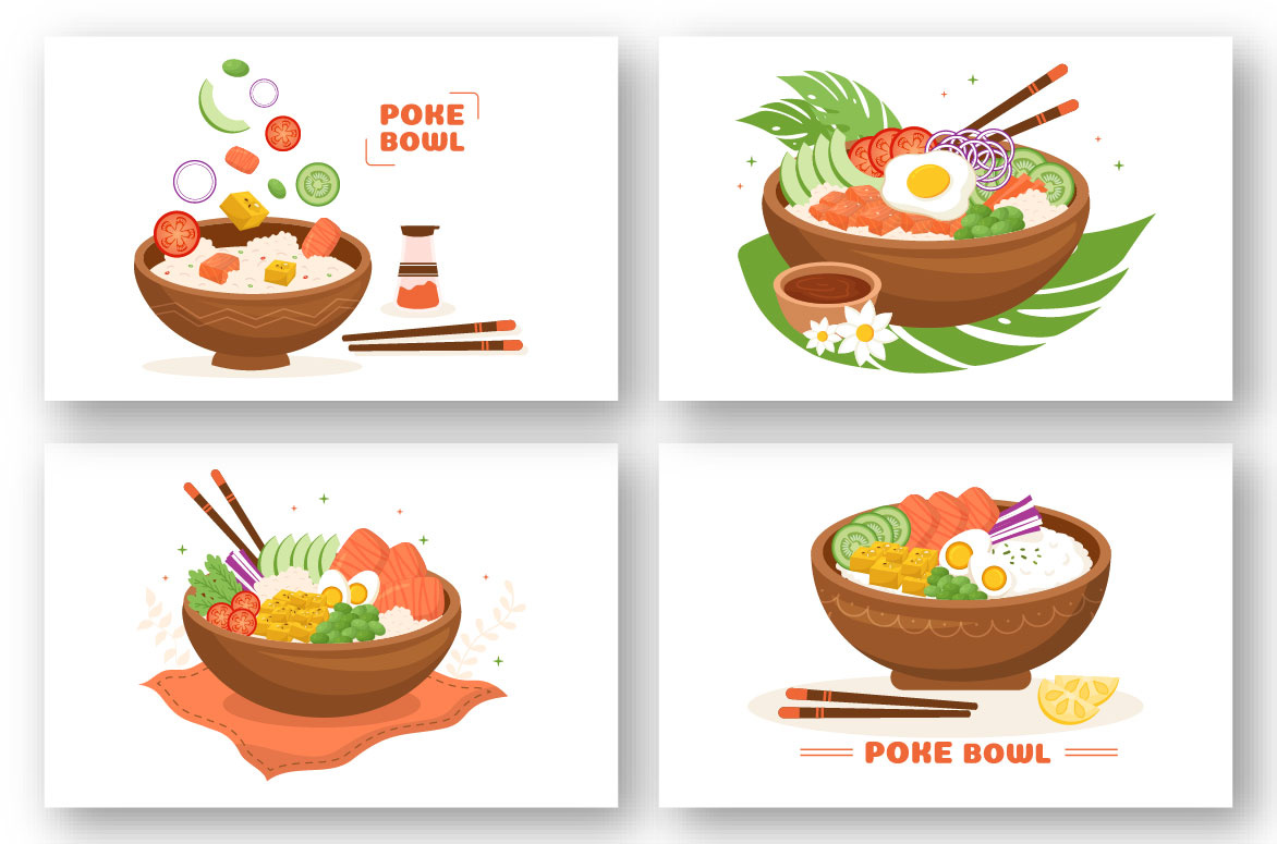Ilustração de 10 Pratos Havaianos Poke Bowl