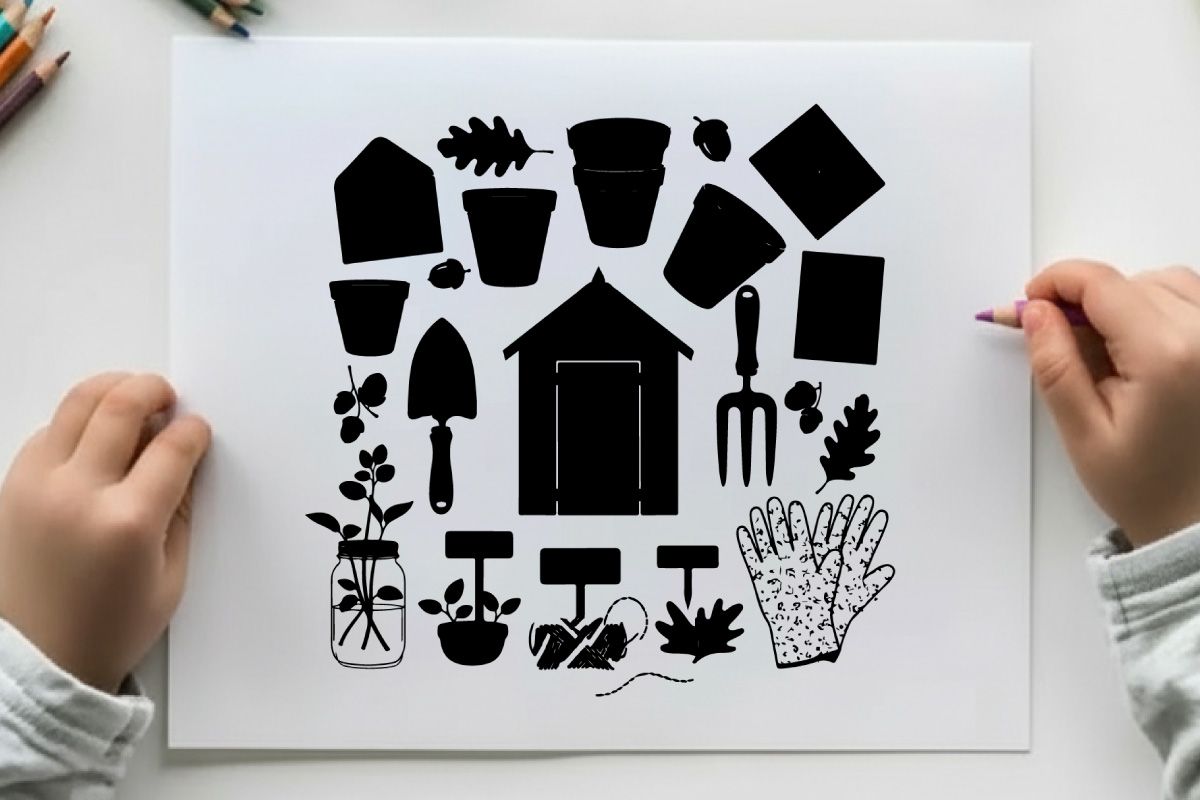 Ferramentas de jardinagem e plantas em estilo ilustração silhueta