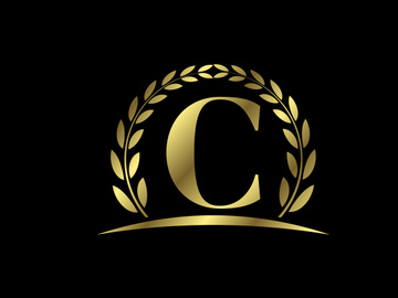 Golden letters with a golden laurel wreath. English alphabet, vector illustration