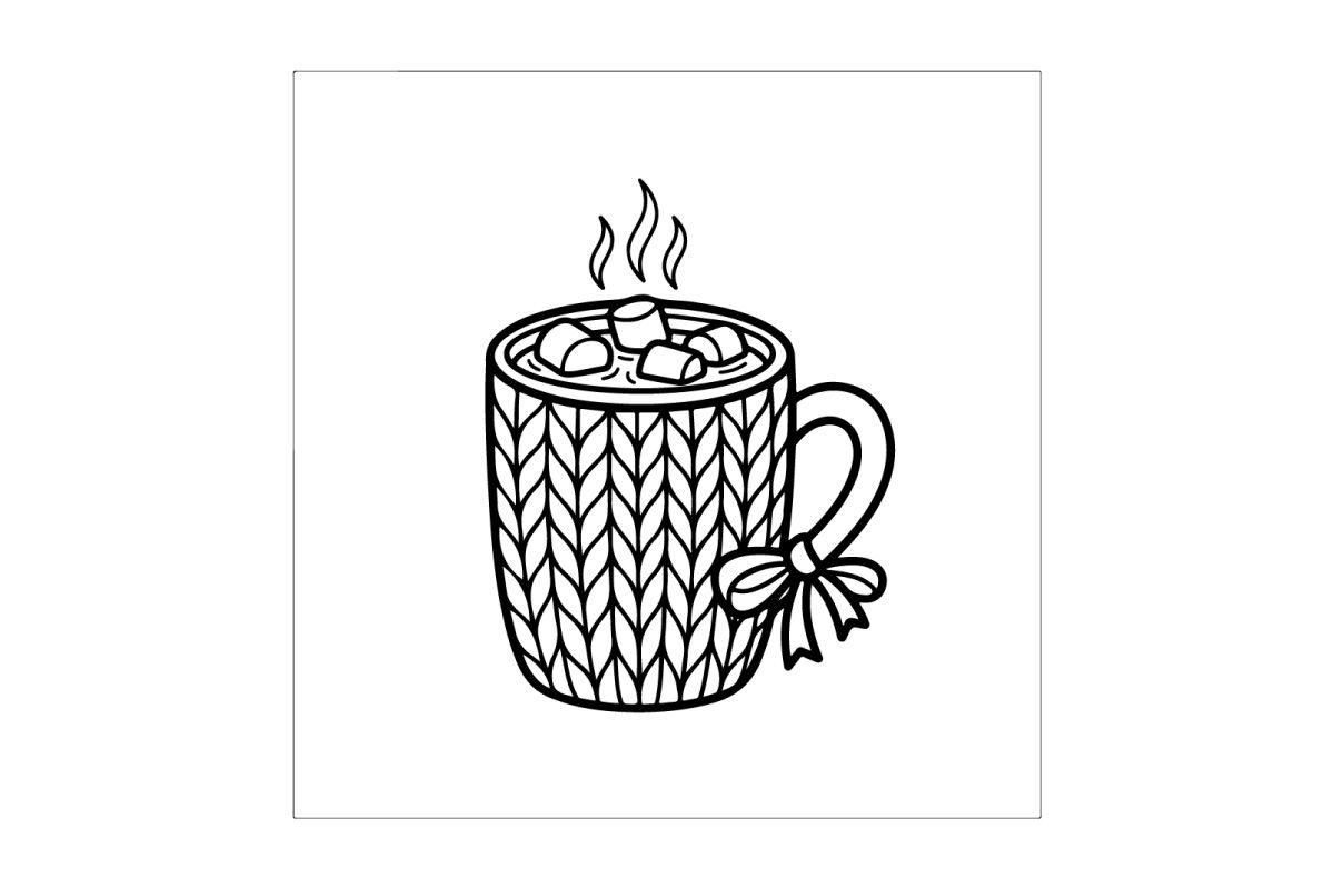 Black and white line art of a mug with marshmallows