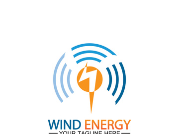 Wind energy logo. renewable energy icon with wind turbines and thunder bolt isolated on white background