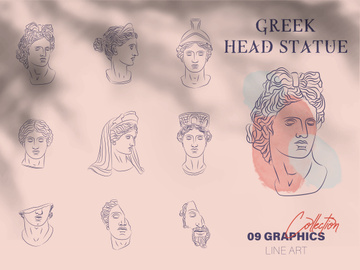 Set of statue face of greek with flowers. Ancient portrait of marble sculpture in creative linear style. Head of woman in trendy broken style. Vector collection illustration.