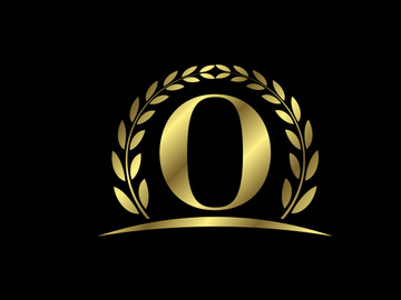 Golden letters with a golden laurel wreath. English alphabet, vector illustration