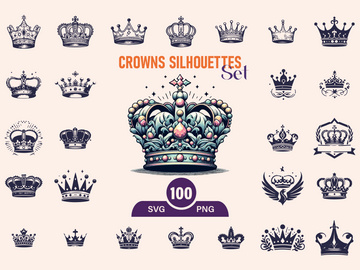 Royal Crown Silhouette, Retro King Crown Icons.