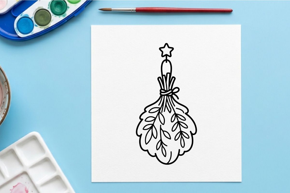 Handgezeichnete Halloween-Mistel mit goldener Sternverzierung. Gruselige Feiertags-Kusszweig-Illustration für festliche Deko und Grußkarten.
