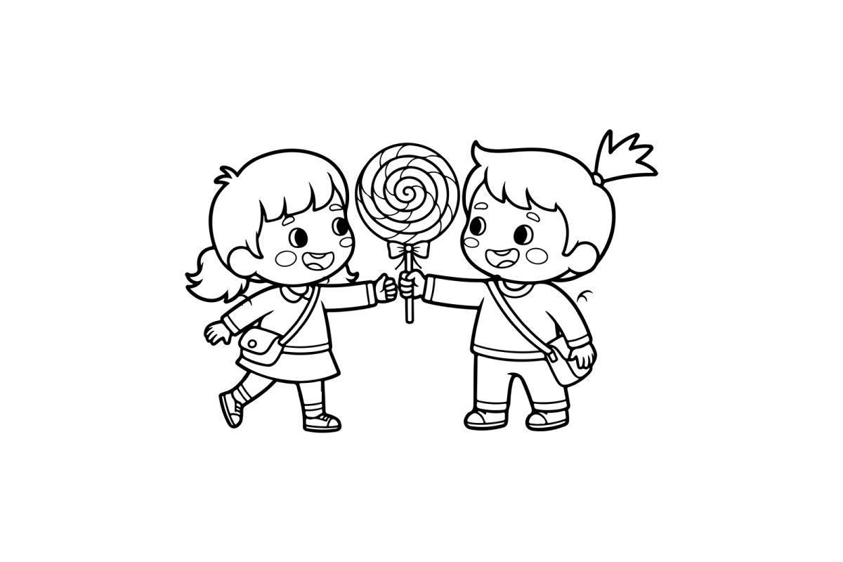 Children sharing lollipop happy friendship vector illustration