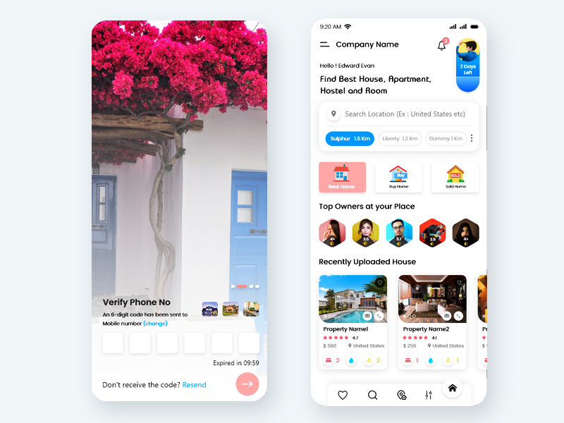 Find Homes, Apartments and Hostel for rent mobile app UI Kit