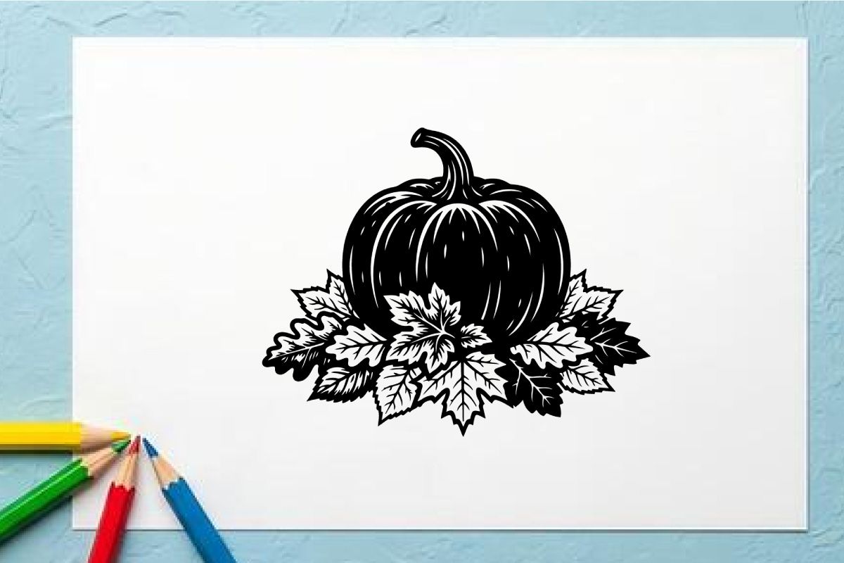 Black Pumpkin with Leaves for Halloween or Autumn Decor