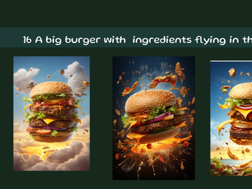 A big burger with ingredients flying in the sky