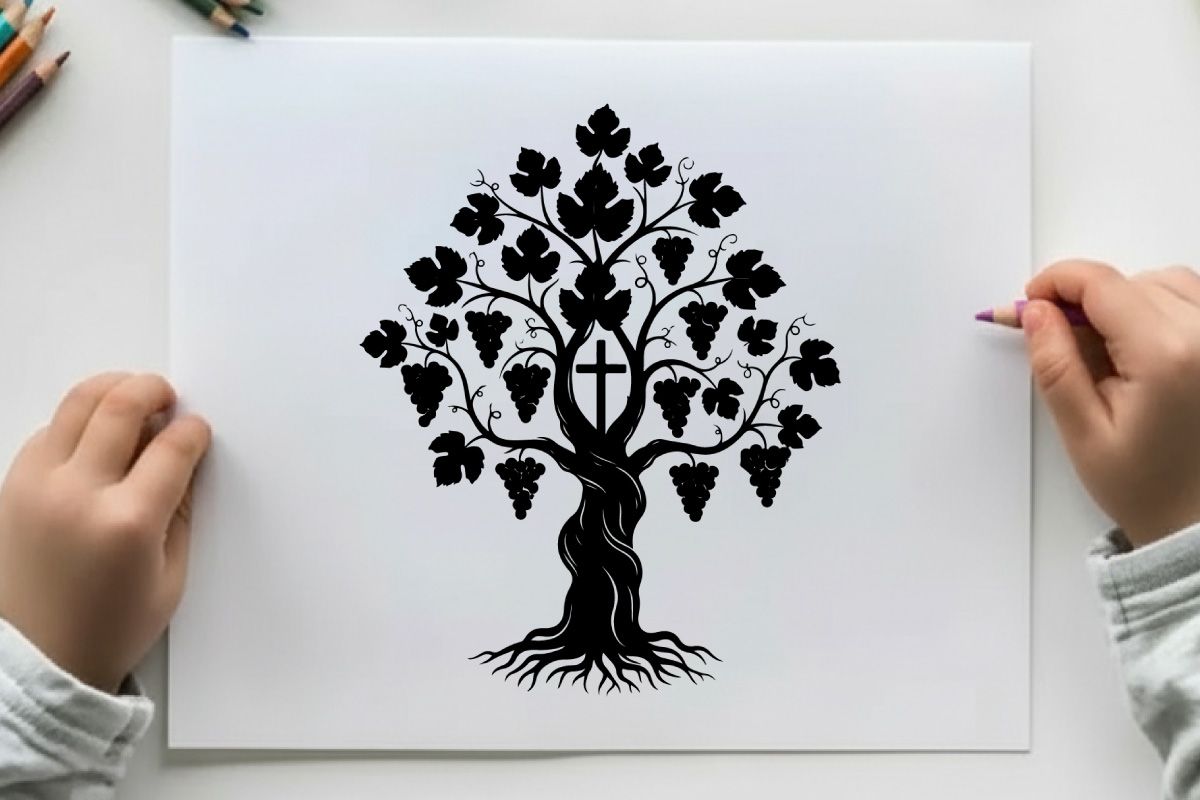 Silhouette of a grapevine tree with cross and roots