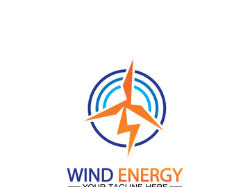Wind energy logo. renewable energy icon with wind turbines and thunder bolt isolated on white background