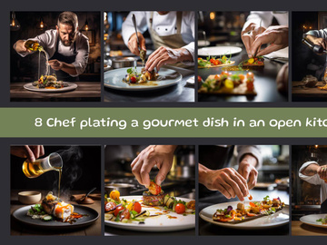 Chef plating a gourmet dish in an open kitchen