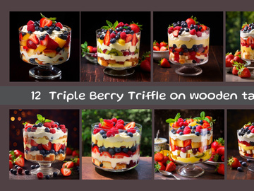 Triple Berry Triffle on wooden table