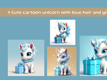 Cute cartoon unicorn with blue hair and gift box
