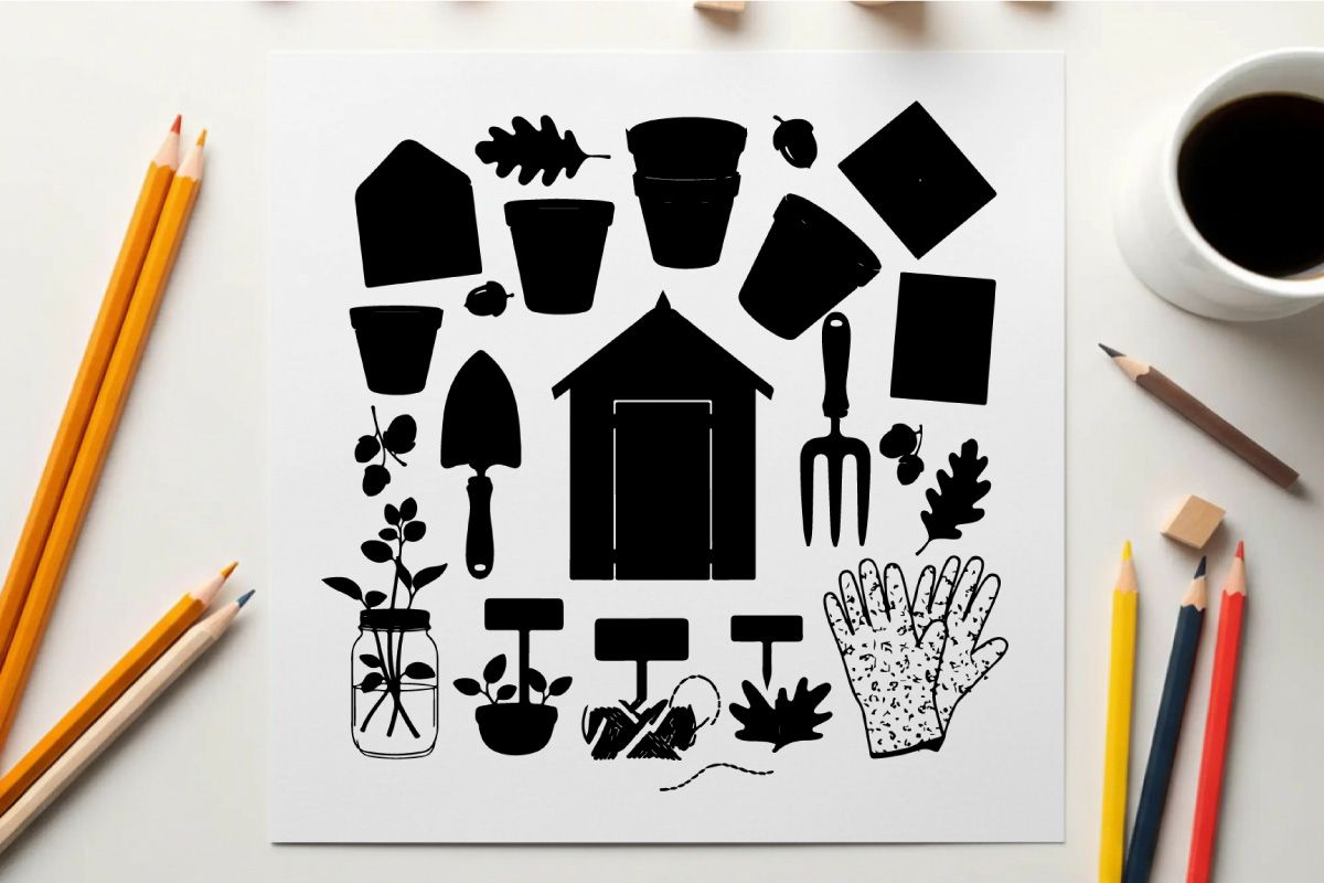 Ferramentas de jardinagem e plantas em estilo ilustração silhueta