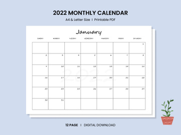 Monthly Calendar Landscape Printable Calendar Template Year 2022