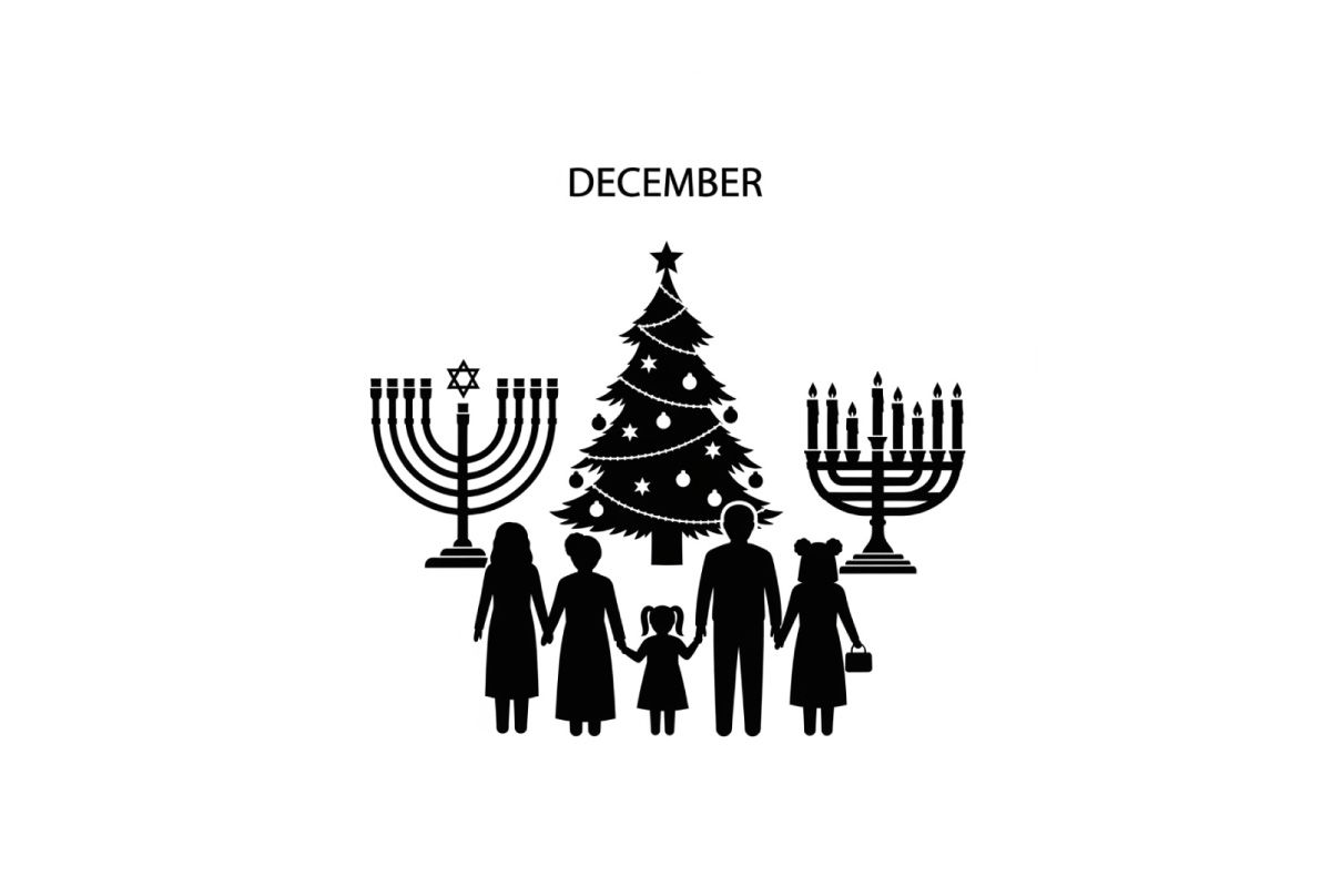 December holiday celebration silhouette of family by christmas tree and menorahs