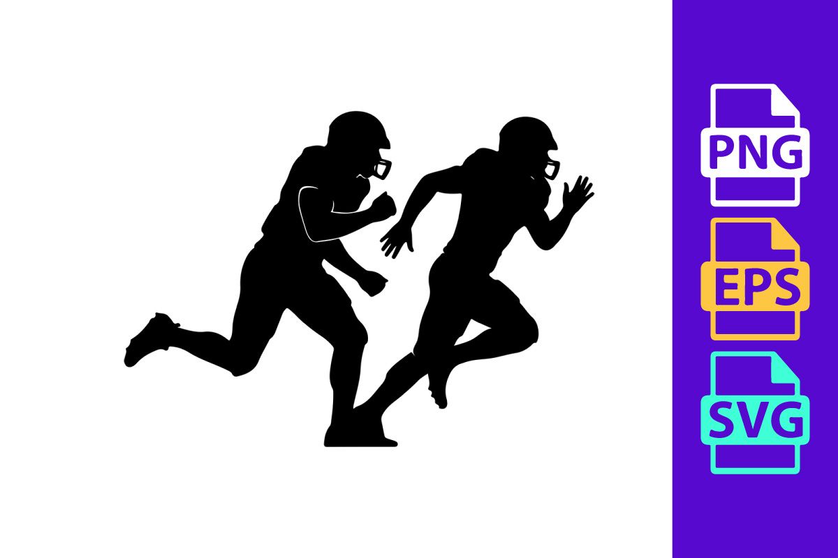 Two american football players running side by side in black silhouette