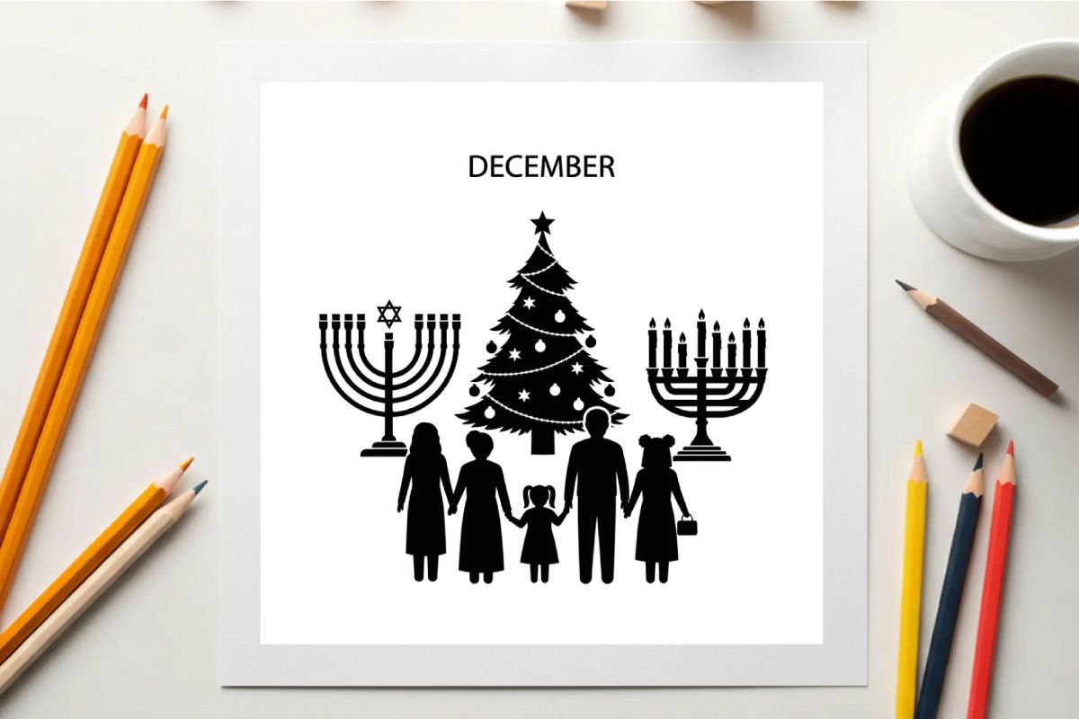 December holiday celebration silhouette of family by christmas tree and menorahs