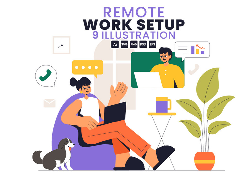9 Remote Working Setup Illustration by denayuneep ~ EpicPxls